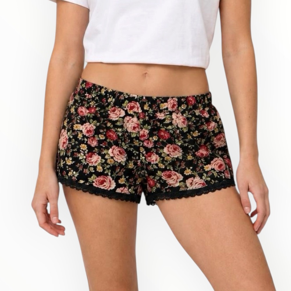 Raga Floral Shorts Womens Medium Black Pink Lace Trim Cotton Loungewear